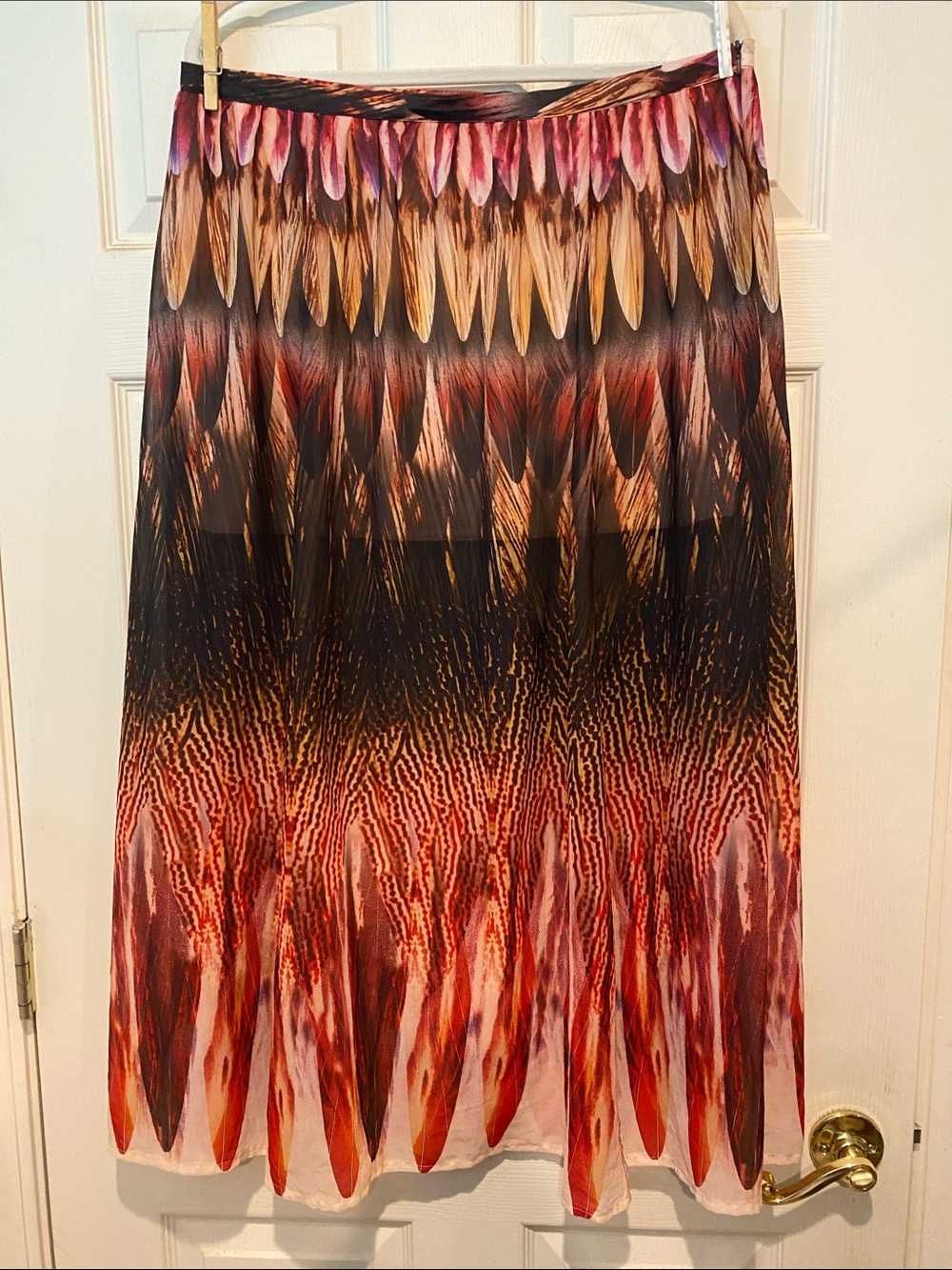 Topshop Feather-Print Maxi Skirt in Black, Red and Pink Accents